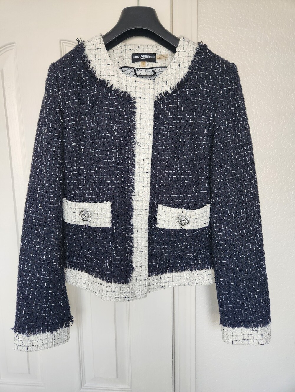 Karl Lagerfeld Navy And White Tweed Camellia Jacket Size 6
